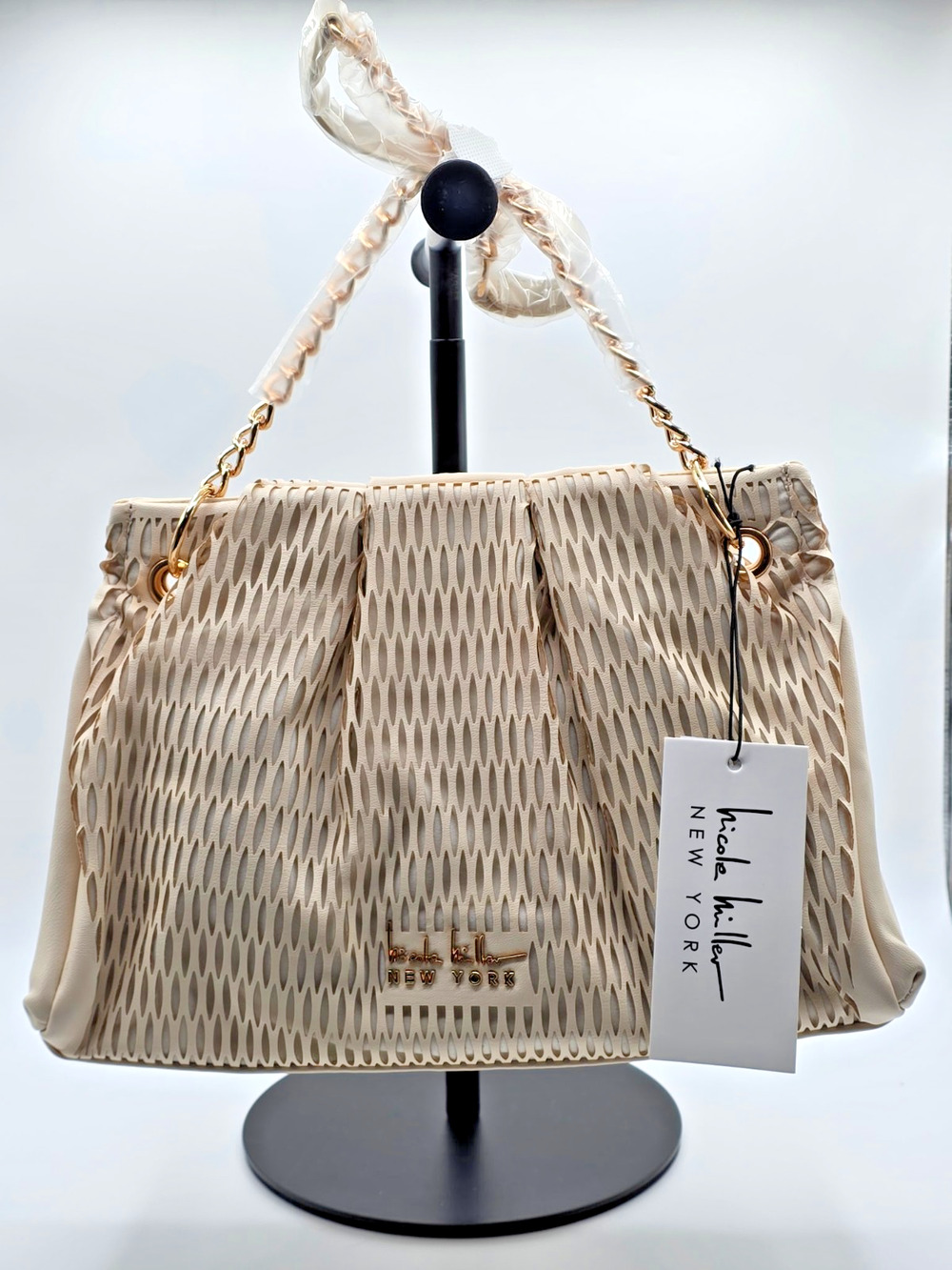 Nicole Miller New York Laser Cut Cream Shoulder Bag Gold Chain Purse NWT